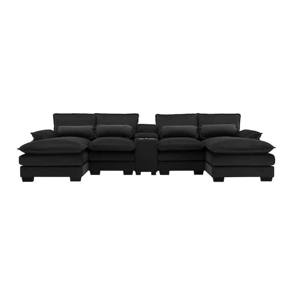 Z-joyee 123 in Wide Pillow Top Arm Chenille U-Shaped Modern Upholstered Sofa in Black