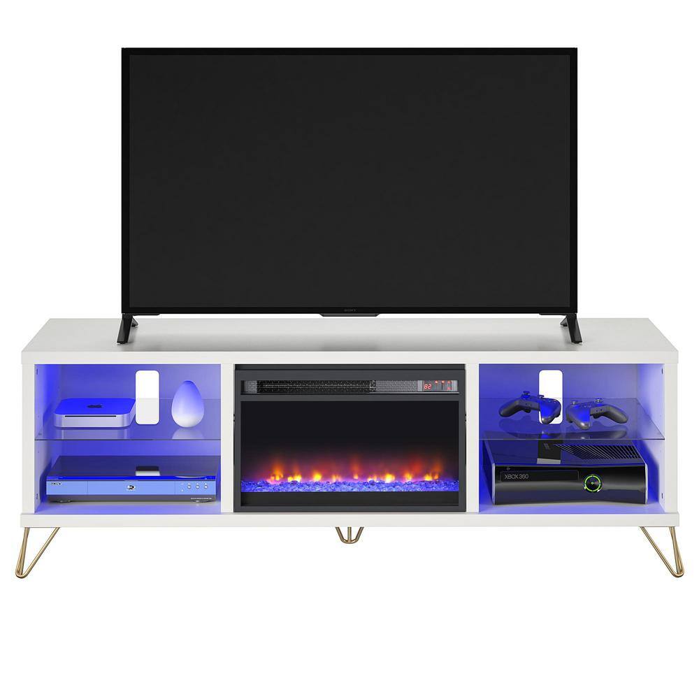 Finley 70" White Electric Fireplace TV Stand with Glass Shelves