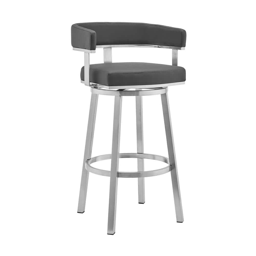 Armen Living Lorin 26 in. Gray/Brushed Stainless Steel Open Back Metal Counter Stool with Faux Leather Seat