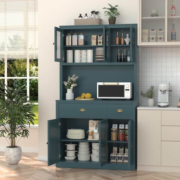VEIKOUS Teal Blue MDF 39.4 in. Sideboard Food Pantry Kitchen Buffet and Hutch with 4-Adjustable Shelves and 2-Drawer