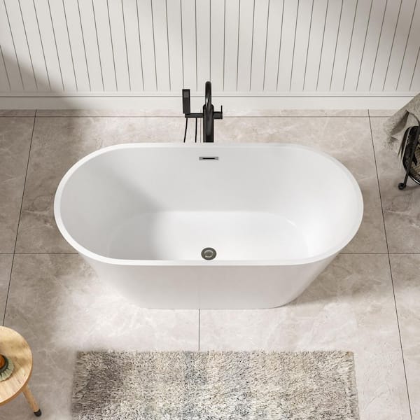 59 in. x 29.5 in. Freestanding Soaking Tub Acrylic Flatbottom Bathtub with Center Drain in White