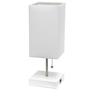 14.25 in. White Petite Stick Lamp with USB Charging Port and White Fabric Shade