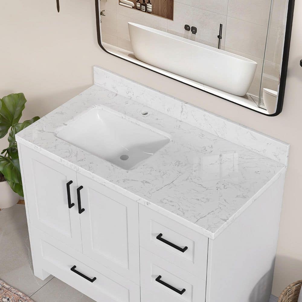 Kar 42 in. W x 22 in. D Engineered Stone Marble Rectangular Left Single Sink Vanity Top with Backsplash in Carrara White price history on PriceWatchPro