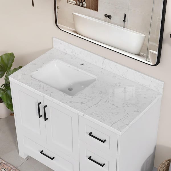Kar 42 in. W x 22 in. D Engineered Stone Marble Rectangular Left Single Sink Vanity Top with Backsplash in Carrara White