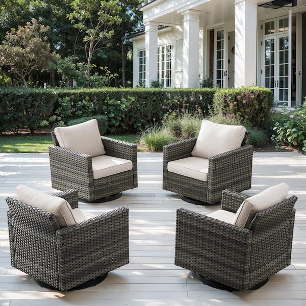 Opohoro Gray Wicker Outdoor Rocking Chairs, Patio Swivel Gliders with Beige Cushions for Porch or Balcony (4-Pack)