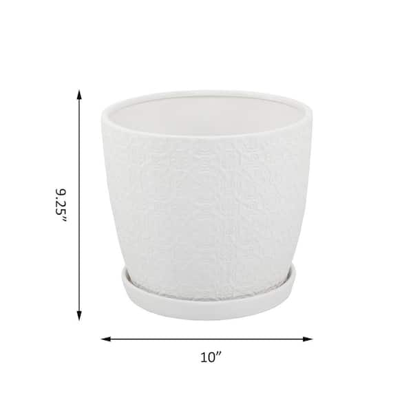 Vigoro 10 in. Chrysanthemum Medium White Textured Ceramic Pot (10 in. D x  9.3 in. H) with Attached Saucer CT1499-MTWH - The Home Depot
