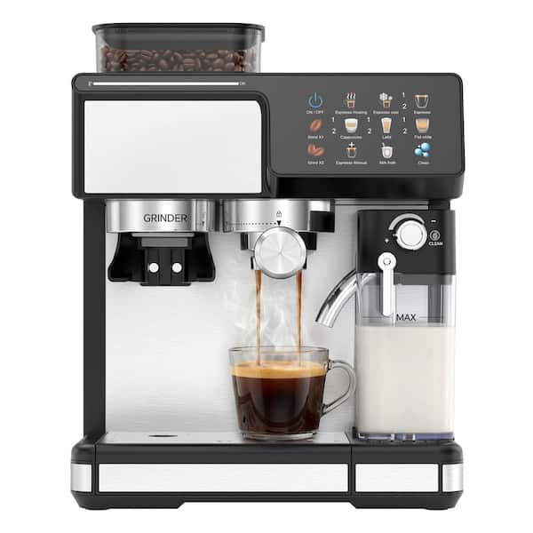 2-Cup Silver Semi-Automatic Espresso Machine with Built-In Grinder, 20-Bar Extraction, NTC Temp Control
