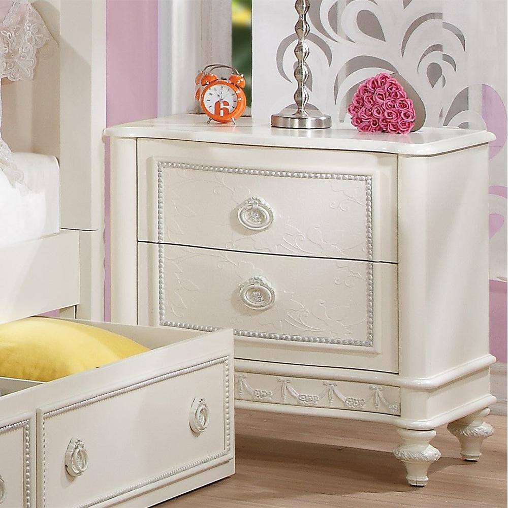 Ivory Pine Wood Nightstand with 2 Drawers and Floral Details