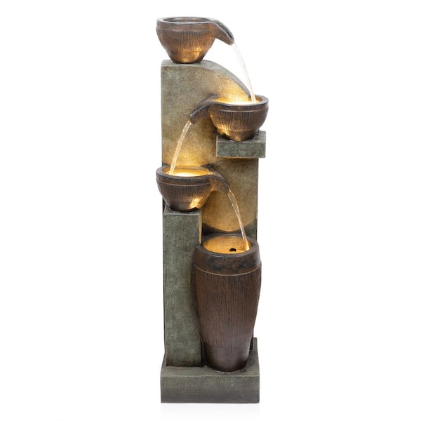 40 in. Tall 4-Tiered Cascading Pot and Bowl Fountain with LED Lights