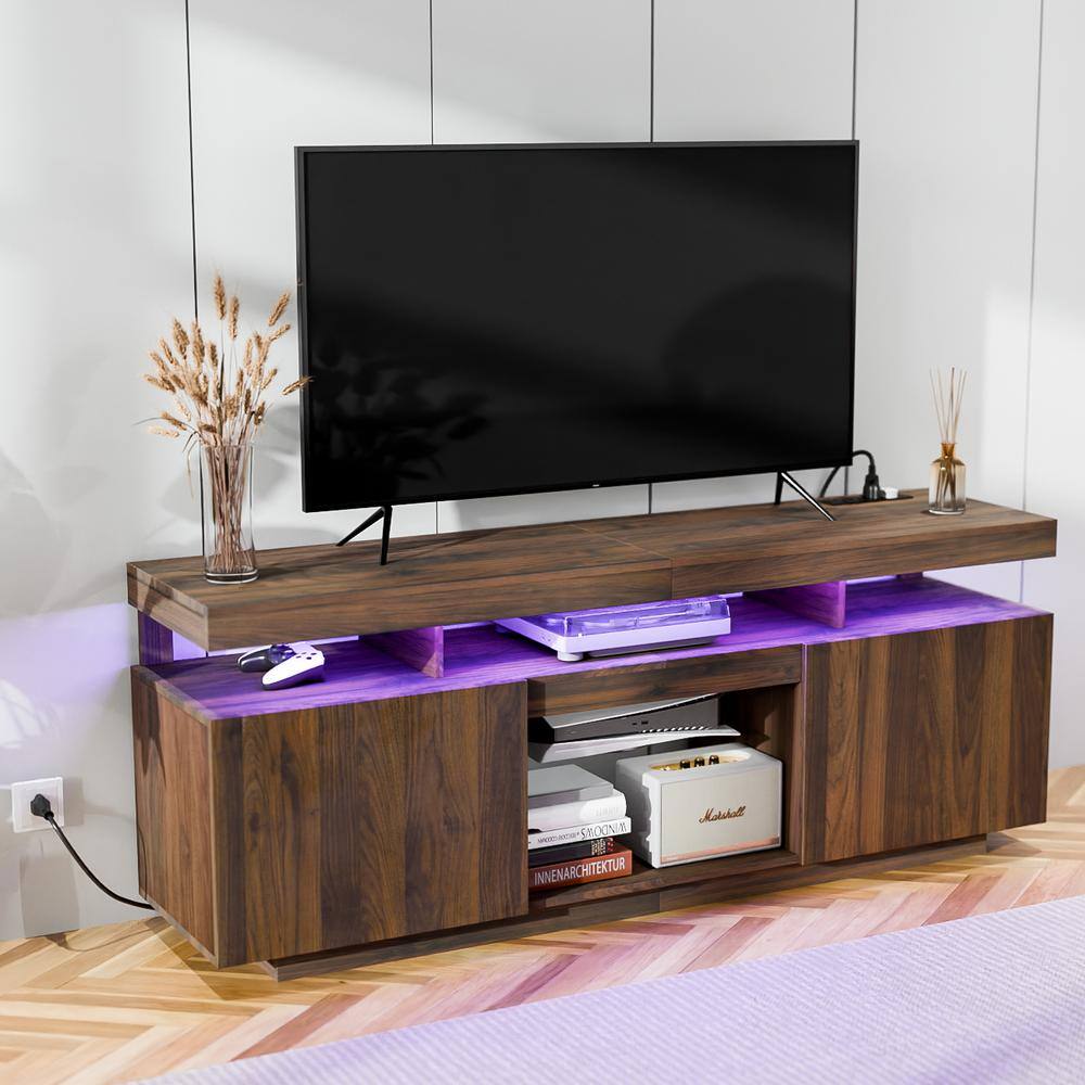 Walnut 64" Modern TV Stand with LED Lighting and Cabinets