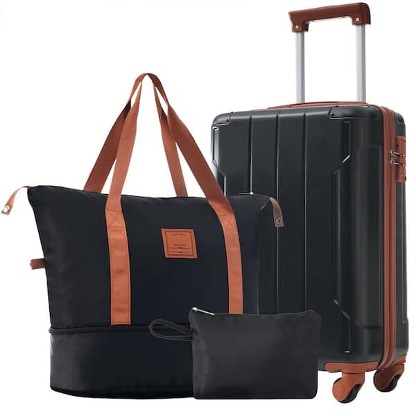 Adrinfly 3-Piece Black Brown Hardshell Luggage Set with Wheels, TSA Lock and Telescopic Handle for Men & Women