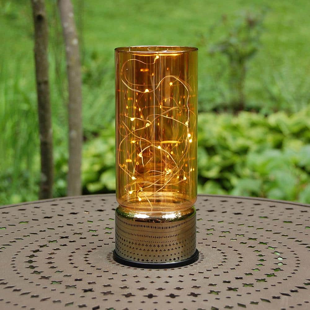 Amber Glass Hurricane Lantern with Fairy String Lights