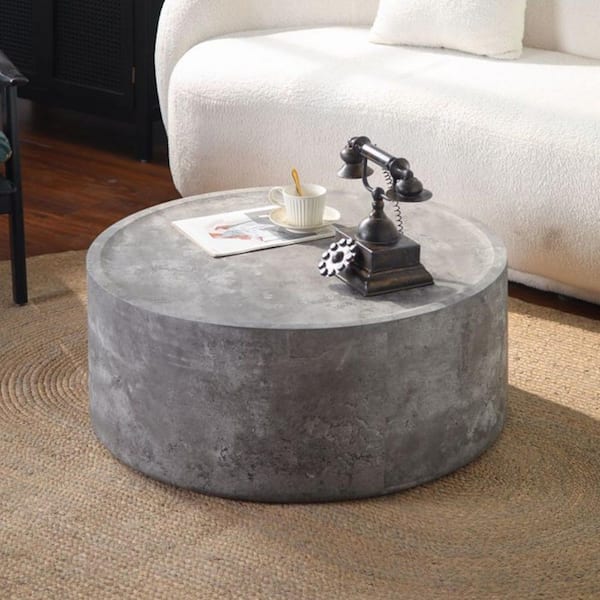 Mayda 31.49 in. Stone Gray Round Wood Coffee Table with Faux Concrete Finish