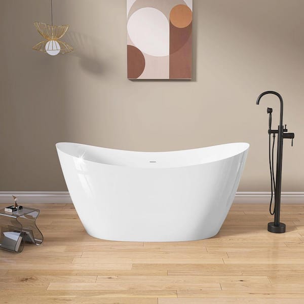 59 in. x 29.5 in. Free Standing Deep Soaking Double Slipper Alone Bath Tub Oval Acrylic Freestanding Bathtubs in White