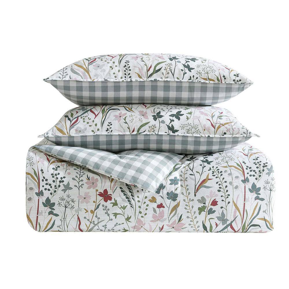 Twin White Cotton Reversible Floral Comforter Set
