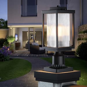 1-Light Black Metal Outdoor Waterproof Post Light Set with Striped Clear Glass and Base Adaptor with No Bulbs Included