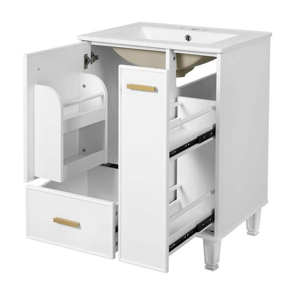 JUJABU 24 in. Freestanding White Bath Vanity with White Ceramic