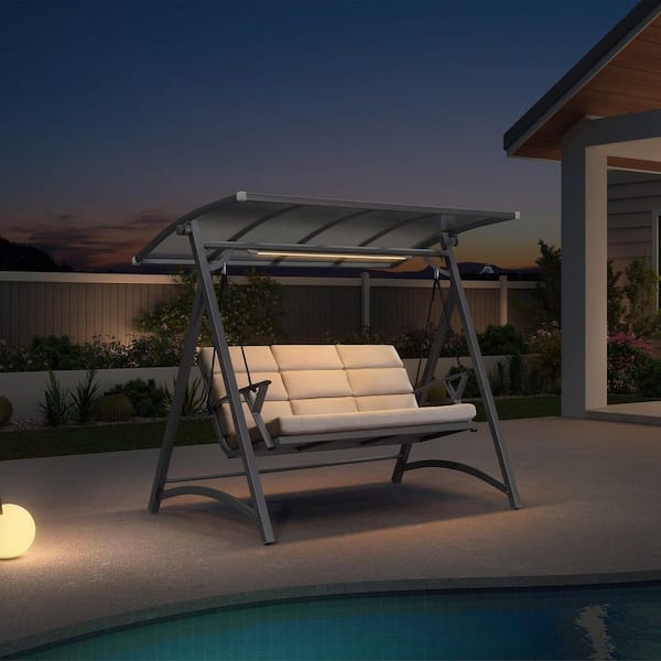 3 Person Porch Swing Patio Swing Chair with PVC Canopy Outdoor Modern Swinging Chairs w/Solar LED Light and Cushions