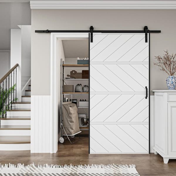 EH PUERTA 42 in. x 84 in. Paneled 4-Segments Wave Design White MDF Prefinished Barn Door Slab with Installation Hardware Kit