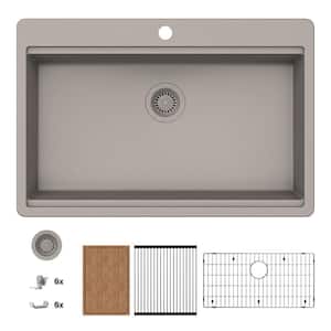 Stonehaven 33 in. Drop-In Single Bowl Taupe Ice Granite Composite Workstation Kitchen Sink with Taupe Strainer