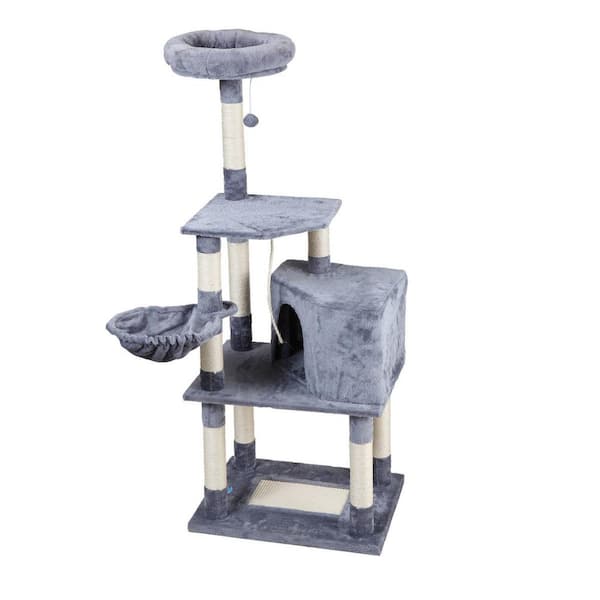 ANGELES HOME 58.27 in. Tall Light Gray Wood Multi-Lever Kitty Cat Tree, Cat Condo
