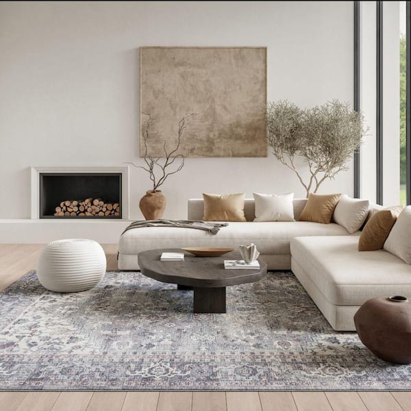 57 Grand Machine Washable Gray 9 ft. x 12 ft. Bordered Traditional Area Rug