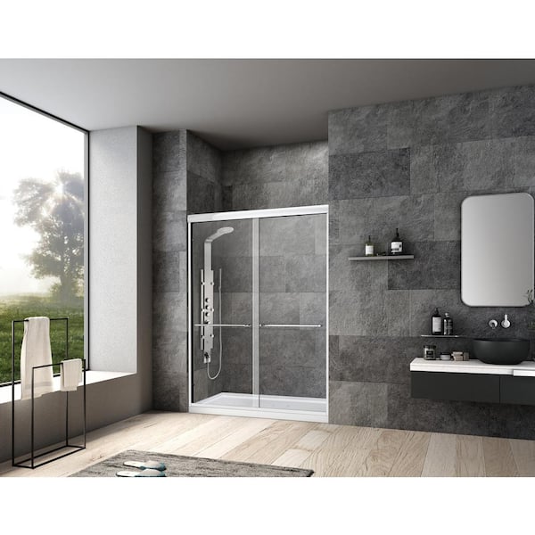Vanity Art 60 in. W x 76 in. H Framed Bypass Sliding Shower Door in Brushed Nickel with Explosion-Proof Clear Glass