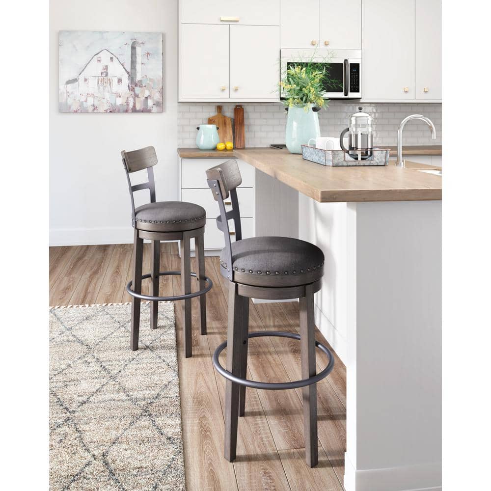 Antiqued Gray Wash Swivel Barstool with Cushioned Seat and Nailhead Trim
