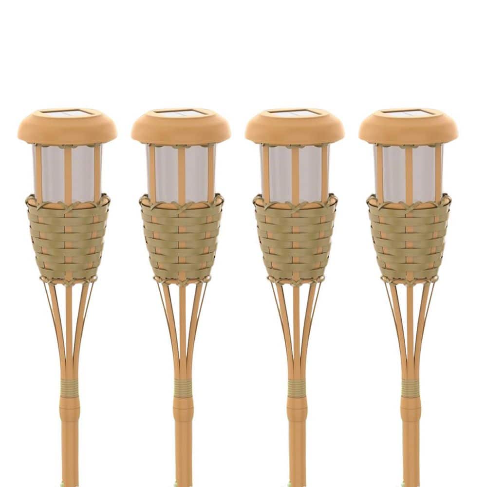 Misopily 4 Pack Black Bamboo Solar Torch Lights Flickering Flame