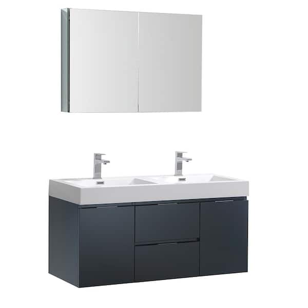 Fresca Valencia 48 in. W Wall Hung Vanity in Dark Slate Gray, Acrylic Double Vanity Top in White with White Basin, Medicine Cab