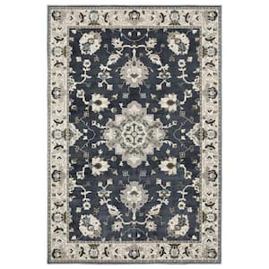 Edgewater Blue/Beige 4 ft. x 6 ft. Traditional Bordered Oriental Floral Polyester Indoor Area Rug