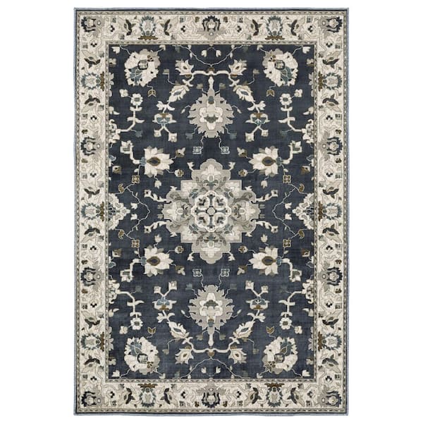 AVERLEY HOME Edgewater Blue/Beige 8 ft. x 11 ft. Traditional Bordered Oriental Floral Polyester Indoor Area Rug