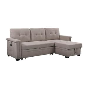 84 in. W Reversible Sleeper Sectional Fabric Sofa with Storage Chaise and Pocket in Light Gray