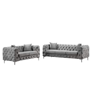 Modern Contemporary 2-Piece of Loveseat and Sofa Set with Deep Button Tufting Dutch Velvet Top in Gray
