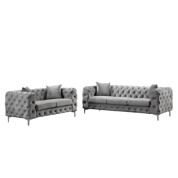 Morden Fort Modern Contemporary 2-Piece of Loveseat and Sofa Set with Deep Button Tufting Dutch Velvet Top in Gray