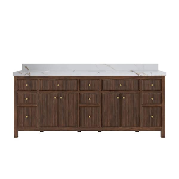 Willow Collections Sonoma Teak 84 in. Double Sink Freestanding Dark Walnut Bath Vanity with Calcutta Gold Quartz Top Unassembled