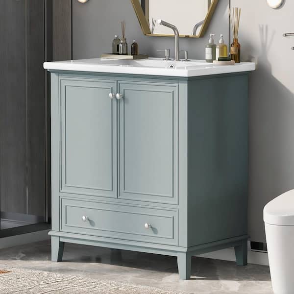 30 in. W x 18 in. D x 34.80 in. H Freestanding One Sink Bath Vanity in Green with White Ceramic Sink Top Material