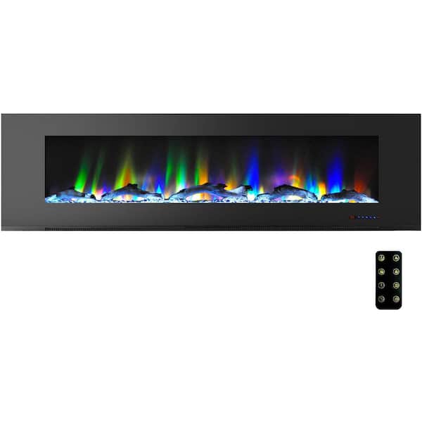 Cambridge 78 in. Wall-Mount Electric Fireplace in Black with Multi-Color Flames and Driftwood Log Display