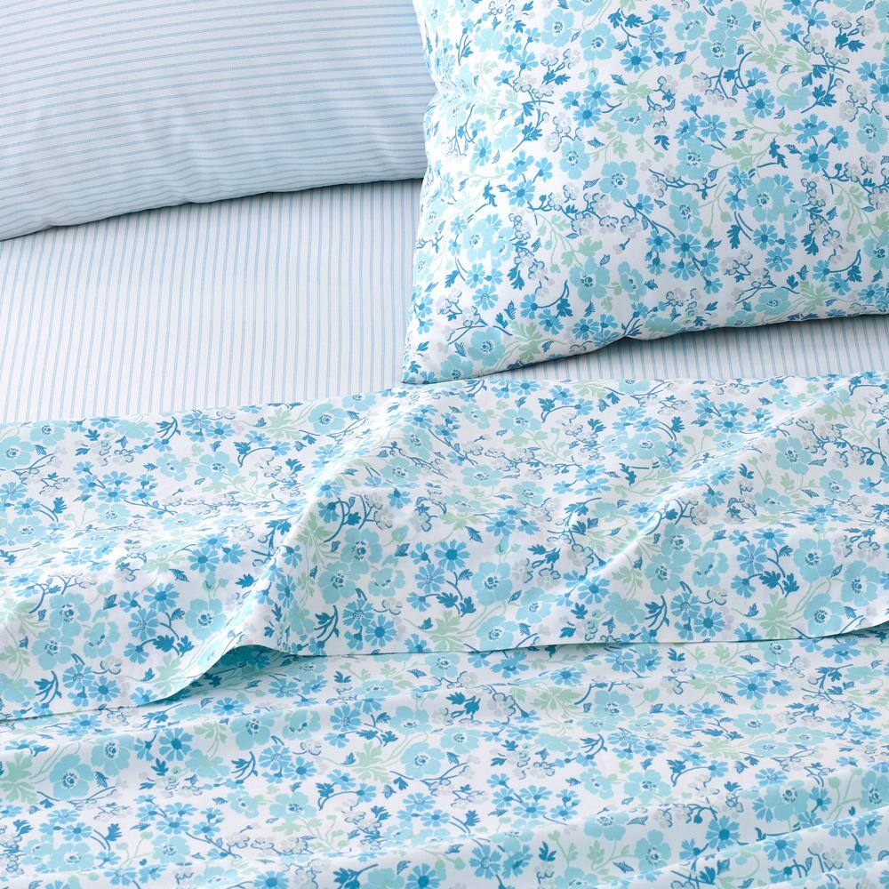 Queen White Floral Cotton Percale Deep Pocket Sheet Set