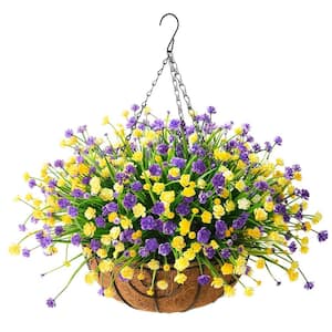 12 in. Purple, Yellow Artificial Hanging Flowers in Basket for Patio Garden Decoration