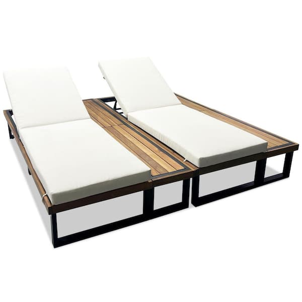 Unbranded Metal Outdoor Chaise Lounge Chair with Adjustable Backrest, Patio Recliner with White Cushion, Wood Side Table (2-Pack)