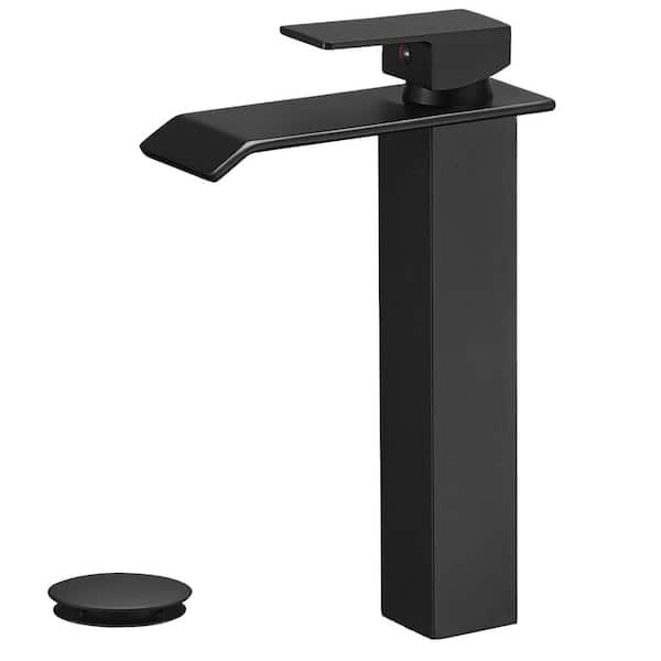 HOMEMYSTIQUE Single Handle Waterfall Vessel Sink Faucet with Pop-Up Drain and Brass Bathroom Faucet in Matte Black (Valve Included)