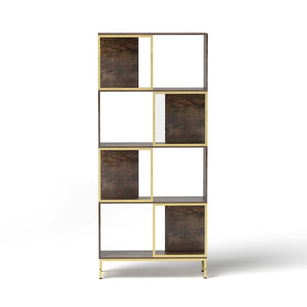 Angel Sar 70.8 in. Tall Rustic Wood and Metal Frame 4-Shelf Etagere Bookcase for Living Room, Brown and Gold