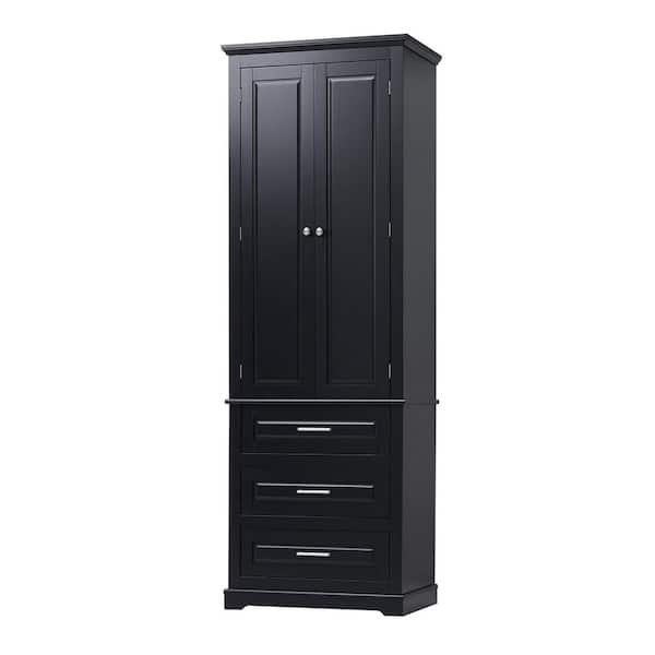 24 in. W x 15.7 in. D x 70 in. H Black Wood Top Linen Cabinet with 3-Drawers