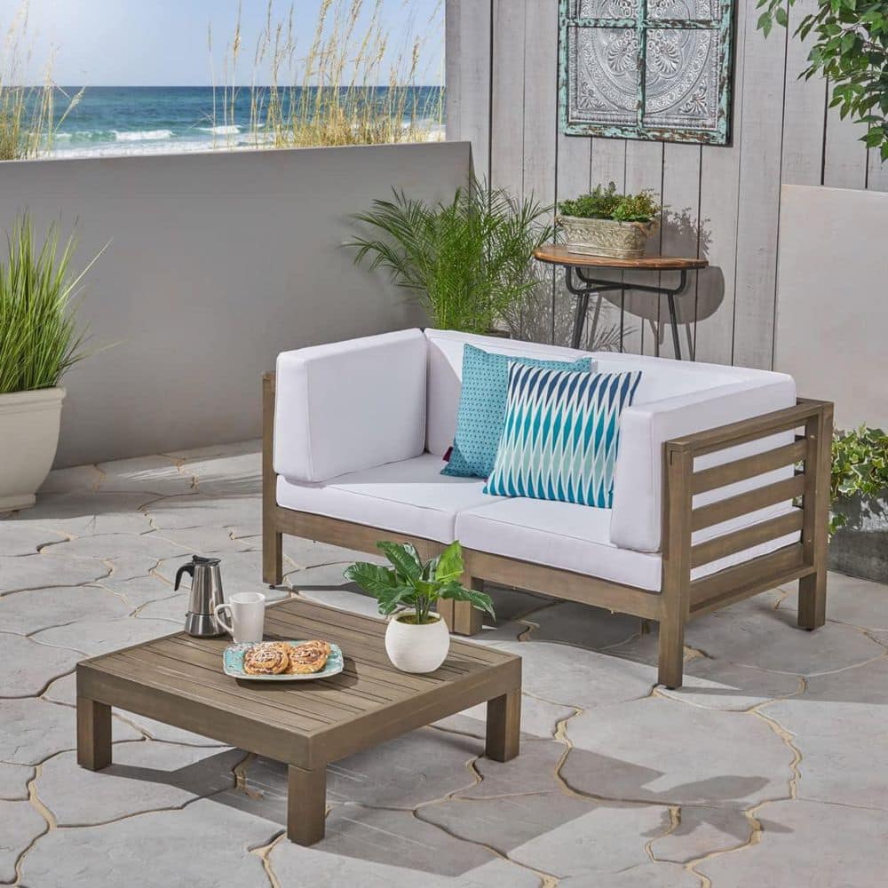 White 3-Piece Acacia Wood Outdoor Loveseat Set with Water-Resistant Fabric Cushions durable construction price history on PriceWatchPro