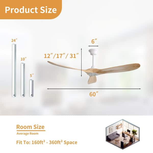 60 in. Indoor Downrod Mount Oak Solid Wood Blades Standard Ceiling Fan with Remote 6-Speed, DC Motor Reversible