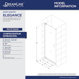 Elegance 32-1/4 in. to 34-1/4 in. x 72 in. Semi-Frameless Pivot Shower Door in Chrome