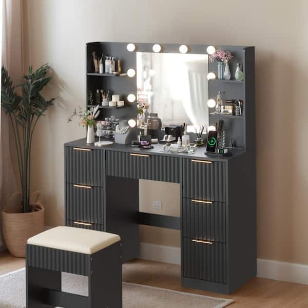 2-Piece Black Makeup Vanity Set with 10 3-Color Dimmable Bulbs, 7 Drawers and 4-Tier Shelves