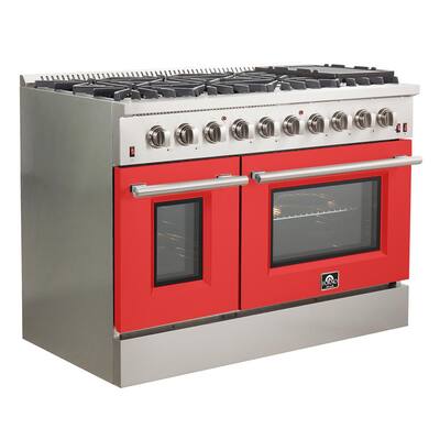 48 in. 6.58 cu. ft. Freestanding Double Oven Gas Range with 8 Italian Burners in Stainless Steel with Red Door