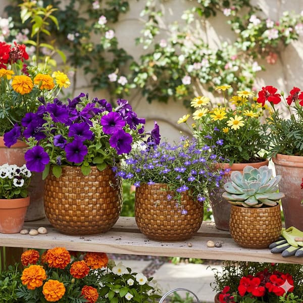 Brownish Orange Set of 3 Mixed Size Outdoor Ceramic Plant Pots Stylish Ceramic Planters for Indoor Outdoor Use